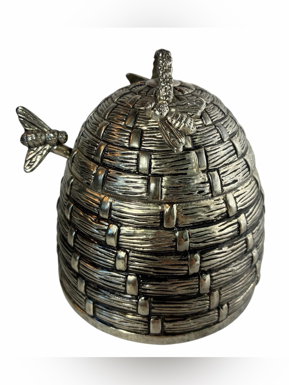 Godinger Art Beehive Honey Pot w/ Lid & Bee Honey Dipper Silver Plate Complete